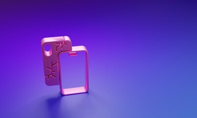 Poster - Pink Smartphone with broken screen icon isolated on purple-blue background. Shattered phone screen icon. Minimalism concept. 3D render illustration