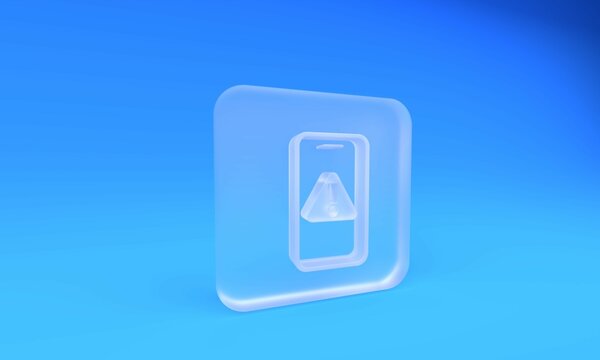 Frosted glass Mobile phone with exclamation mark icon isolated on blue background. Alert message smartphone notification. Square frosted glass button. 3D render illustration