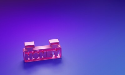 Poster - Pink Hanging sign with honeycomb isolated on purple-blue background. Signboard icon. Honey cells symbol. Sweet natural food. Minimalism concept. 3D render illustration