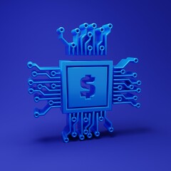 Poster - Blue Processor chip with dollar icon isolated on blue background. CPU, central processing unit, microchip, microcircuit, computer processor. Minimalism concept. 3D render illustration