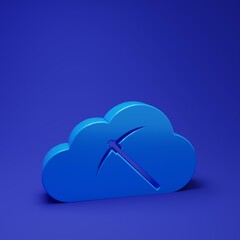 Poster - Blue Cryptocurrency cloud mining icon isolated on blue background. Cloud with pickaxe, bitcoin, digital money market, cryptocoin wallet. Minimalism concept. 3D render illustration