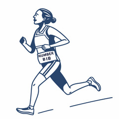 Poster - Female Athlete Running Marathon Race Number Bib Blue Line Art Illustration White Background runner woman