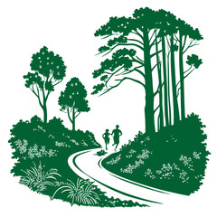 Poster - Couple Jogging on Winding Forest Trail Green Silhouette Illustration on White Background running
