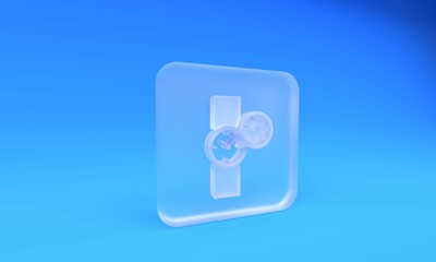 Poster - Frosted glass Wrist watch and gear icon isolated on blue background. Adjusting app, service concept, setting options, maintenance, repair, fixing. Square frosted glass button. 3D render illustration