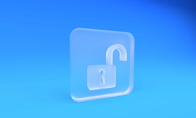 Poster - Frosted glass Open padlock icon isolated on blue background. Opened lock sign. Cyber security concept. Digital data protection. Safety safety. Square frosted glass button. 3D render illustration