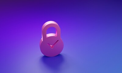 Poster - Pink Padlock with clock icon isolated on purple-blue background. Time control concept. Lock and countdown, deadline, schedule, planning symbol. Minimalism concept. 3D render illustration