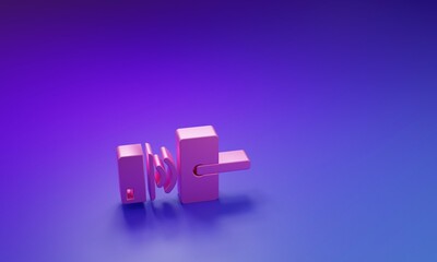 Poster - Pink Digital door lock with wireless technology for unlock icon isolated on purple-blue background. Door handle sign. Security smart home. Minimalism concept. 3D render illustration