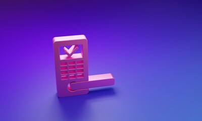 Poster - Pink Digital door lock with wireless technology for unlock icon isolated on purple-blue background. Door handle sign. Security smart home. Minimalism concept. 3D render illustration