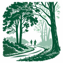Poster - Two Runners Jogging on a Winding Forest Trail Green Nature Illustration running