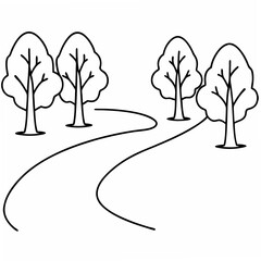 Poster - Winding Park Trail Path with Simple Black Line Drawing Trees on White Background vector