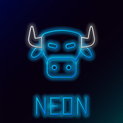 Poster - Glowing neon line Cow head icon isolated on black background. Colorful outline concept. Vector