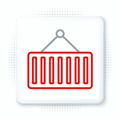 Poster - Line Container on crane icon isolated on white background. Crane lifts a container with cargo. Colorful outline concept. Vector