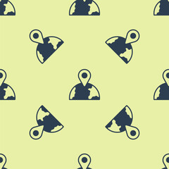 Poster - Blue Location on the globe icon isolated seamless pattern on yellow background. World or Earth sign. Vector