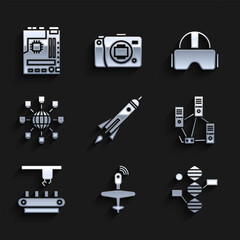 Poster - Set Rocket ship with fire, UAV Drone, DNA symbol, Computer network, Factory conveyor system belt, Social, Virtual reality glasses and Motherboard icon. Vector