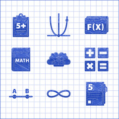 Poster - Set Human brain, Infinity, Test or exam sheet and pen, Calculator, Graph, schedule, chart, diagram, Book with word mathematics, Function mathematical symbol and icon. Vector