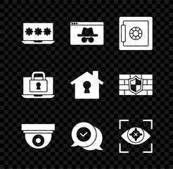 Aufkleber - Set Laptop with password, Browser incognito window, Safe, Security camera, Check mark speech bubble, Eye scan, and lock and House under protection icon. Vector