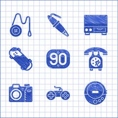 Poster - Set 90s Retro, Gamepad, Music CD player, Telephone handset, Photo camera, Skateboard trick, Old video cassette and Yoyo toy icon. Vector