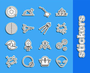Poster - Set line Alien, Planet, Great Bear constellation, Ray gun, Earth structure, Solar system and Satellite icon. Vector