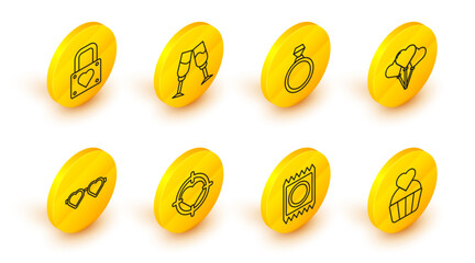 Poster - Set line Wedding cake with heart, Condom package, Heart the center of darts target aim, shaped love glasses, Balloons form, Diamond engagement ring, Glass champagne and Lock and icon. Vector