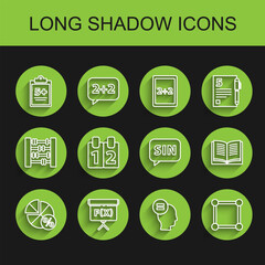 Poster - Set line Equation solution, Geometric figure Cube, Mathematics function sine, Test or exam sheet, Chalkboard with diagram, cosine, and Human brain icon. Vector