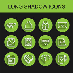 Poster - Set line Calendar with February 14, Candy in heart shaped box, Two Linked Hearts, Broken or divorce, Coffee cup, Condom package, and Speech bubble text love icon. Vector