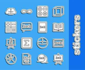 Poster - Set line Calculator, Calculation, Equation solution, Square root, Graph, schedule, chart, diagram, Feather and inkwell, and icon. Vector