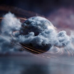 Poster - Spinning miniature Earth with floating digital clouds and data rings