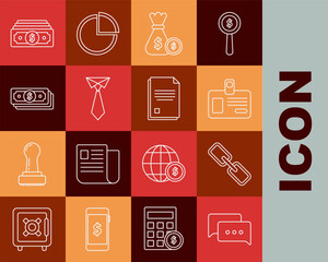 Poster - Set line Speech bubble chat, Chain link, Identification badge, Money bag and coin, Tie, Stacks paper money cash, and File document icon. Vector