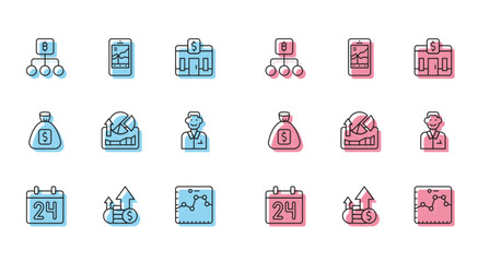 Aufkleber - Set line Calendar, Financial growth and coin, Blockchain technology Bitcoin, Browser with graph, Stocks market graphs, Trader, Money bag and Mobile stock trading icon. Vector