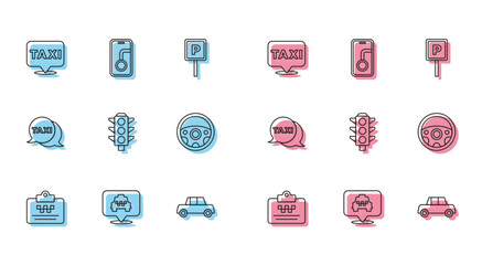 Poster - Set line Taxi driver license, Location with taxi, Car, Traffic light, Steering wheel, call telephone service and City map navigation icon. Vector