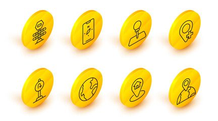 Poster - Set line Location on the globe, with house, Earth, Turn back road sign, Push pin, Compass mobile and Road barrier icon. Vector