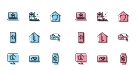 Poster - Set line Computer monitor with house temperature, Laptop smart and alarm, home wi-fi, Smart watch, House, Mobile phone and icon. Vector