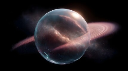 Poster - A single planet with rings rotating inside a translucent holographic sphere