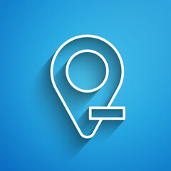 Fototapete - White line Map pin icon isolated on blue background. Navigation, pointer, location, map, gps, direction, place, compass, search concept. Long shadow. Vector