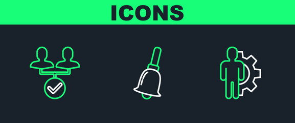 Poster - Set line Human with gear inside, Project team base and Ringing bell icon. Vector