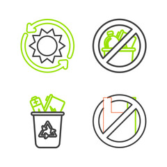 Aufkleber - Set line Say no to plastic bags poster, Recycle bin with recycle symbol, No trash and Solar energy panel icon. Vector