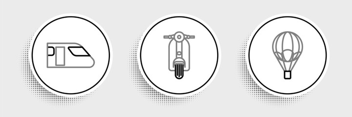 Poster - Set line Hot air balloon, Train and Scooter icon. Vector