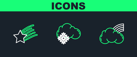 Poster - Set line Rainbow with clouds, Falling star and Cloud snow icon. Vector