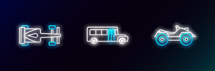 Poster - Set line All Terrain Vehicle or ATV motorcycle, Formula race car and School Bus icon. Glowing neon. Vector