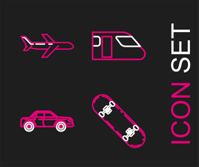 Poster - Set line Skateboard, Sedan car, Train and Plane icon. Vector