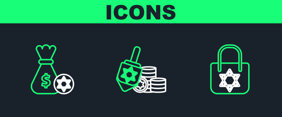 Poster - Set line Shopping bag with star of david, Jewish money and coin and Hanukkah dreidel icon. Vector