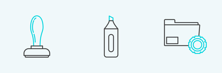 Fototapete - Set line Folder settings with gears, Stamp and Marker pen icon. Vector