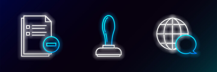 Fototapete - Set line World map made from speech bubble, Document with minus and Stamp icon. Glowing neon. Vector