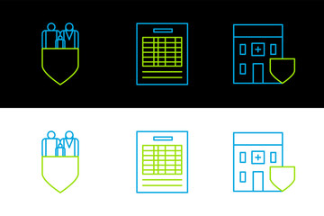 Aufkleber - Set line Medical hospital building with shield, Family insurance and Report file document icon. Vector