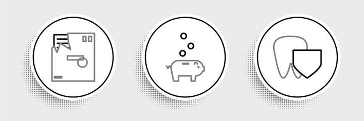 Poster - Set line Tooth with shield, Ordered envelope and Piggy bank coin icon. Vector