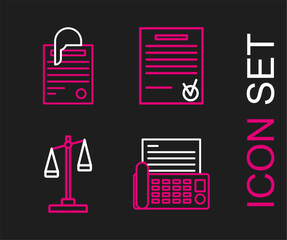 Fototapete - Set line Fax machine, Scales of justice, Confirmed document and check mark and File paper clip icon. Vector