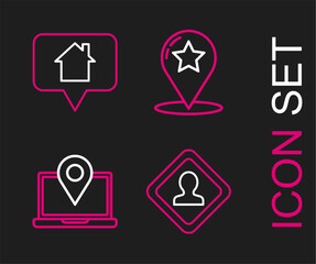 Poster - Set line Road traffic sign, Laptop with location marker, Map pointer star and house icon. Vector