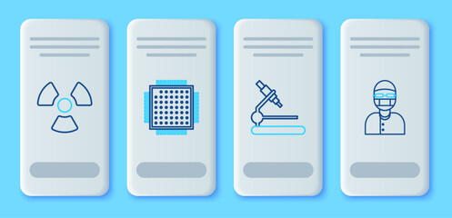 Poster - Set line Processor, Microscope, Radioactive and Assistant icon. Vector