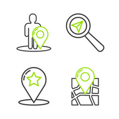 Fototapete - Set line Folded map with location marker, Map pointer star, Search and silhouette of person icon. Vector