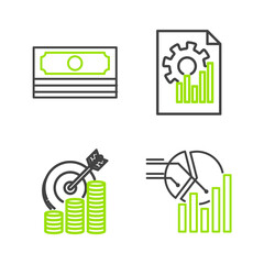 Aufkleber - Set line Pie chart infographic, Target with coin symbol, Document and Stacks paper money cash icon. Vector